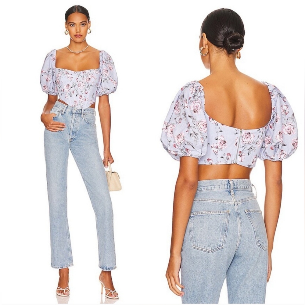 Bardot Kiah Linen Floral Corset Top With Puff Sleeves -Size 4 - Blue Rose Floral - Picture 2 of 8